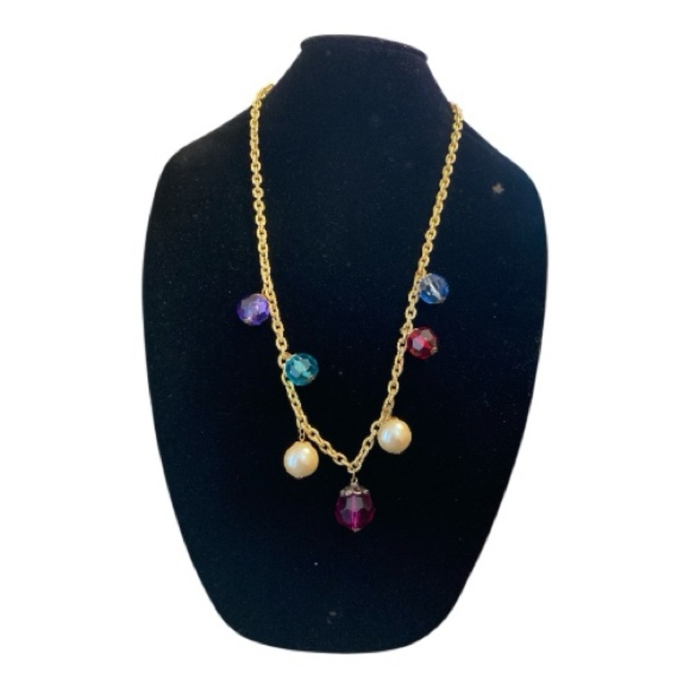 Gold-Tone Textured Oval Link Chain Multi-Color Beads Faux Pearls Necklace